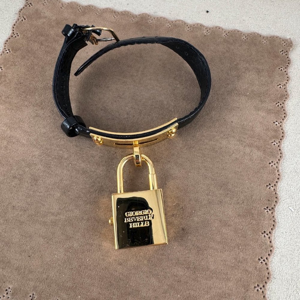 Giorgio Beverly Hills Women's Watch Gold Tone Lock Black Leather Bracelet - Picture 7 of 10